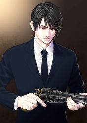 Rule 34 | 1boy, dirge of cerberus final fantasy vii, final fantasy, final fantasy vii, formal, gun, handgun, highres, kagero 359, looking down, necktie, pale skin, red eyes, revolver, short hair, square enix, suit, turks (ff7), vincent valentine, weapon