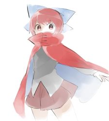 Rule 34 | 1girl, bad id, bad twitter id, blue bow, bow, cape, covered mouth, cowboy shot, grey vest, hair bow, high collar, long sleeves, looking at viewer, red cape, red eyes, red hair, red skirt, sasa kichi, sekibanki, simple background, skirt, solo, standing, touhou, vest, white background