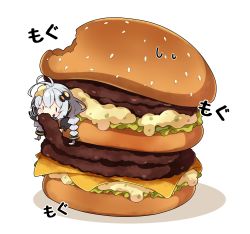 Rule 34 | 1girl, antenna hair, big mac, black jacket, blush, braid, brown eyes, burger, chibi, closed mouth, commentary request, eating, food, food on face, grey hair, hair between eyes, hair ornament, headset, highres, in food, jacket, kizuna akari, long hair, long sleeves, low twintails, mcdonald&#039;s, milkpanda, mini person, minigirl, puffy cheeks, puffy long sleeves, puffy sleeves, shadow, simple background, solo, star (symbol), translated, twin braids, twintails, very long hair, voiceroid, white background