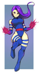 Rule 34 | 1girl, ass, breasts, clenched hands, curvy, elbow gloves, energy, full body, gloves, highleg, highleg leotard, highres, large breasts, leotard, looking at viewer, marvel, psychic, psylocke, purple eyes, purple hair, revealing clothes, shiny clothes, shiny skin, skin tight, spottylen, thick thighs, thighs, thong leotard, wedgie, wide hips, x-men