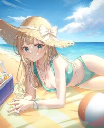 Rule 34 | 1girl, :3, ball, beach, beach towel, beachball, bikini, bird, blonde hair, blue eyes, blush, bow, bracelet, breasts, can, cleavage, closed mouth, cloud, cloudy sky, collarbone, commentary, cooler, dappled sunlight, day, green bikini, grey nails, hat, hat bow, hat ribbon, highres, jewelry, lens flare, light particles, light rays, long hair, lying, navel, necklace, on side, original, outdoors, ribbon, ring, ring necklace, sand, shadow, sky, small breasts, solo, straight hair, straw hat, sun, sunlight, swimsuit, symbol-only commentary, syu bit, towel, water