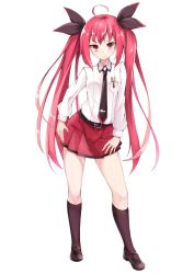 Rule 34 | 1girl, blazer, date a live, dying0414, frown, full body, hair ribbon, highres, itsuka kotori, jacket, kneehighs, long hair, looking at viewer, necktie, red eyes, red hair, red skirt, ribbon, serious, simple background, skirt, socks, solo, twintails, very long hair, white background, white blazer