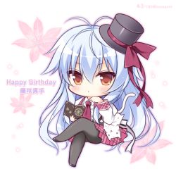 Rule 34 | 1girl, animal, black footwear, black hat, black pantyhose, blue hair, blush, book, bow, brown eyes, cat, center frills, character name, chibi, closed mouth, commentary request, crossed legs, floral background, frills, fujisaki mao, hair between eyes, hanairo heptagram, happy birthday, hat, hat bow, holding, holding book, long hair, long sleeves, mini hat, mini top hat, necktie, open book, pantyhose, plaid, plaid skirt, pleated skirt, red bow, red necktie, red skirt, ryuuka sane, shirt, shoes, sitting, skirt, solo, tilted headwear, top hat, twitter username, very long hair, white shirt