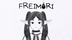 Rule 34 | 1girl, a minty watermelon, capelet, commentary, cover, dangle earrings, earrings, elf, english commentary, fake cover, frieren, frown, hair over shoulder, highres, jewelry, light bulb, long hair, looking at viewer, monochrome, omori, parody, parted lips, pointy ears, portrait, simple background, solo, sousou no frieren, twintails, video game cover, white background