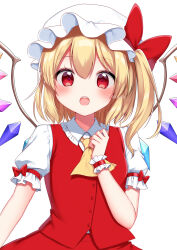 Rule 34 | 1girl, :o, absurdres, ascot, blonde hair, blush, bow, breasts, buttons, collared shirt, commentary, crystal, fang, flandre scarlet, frilled shirt collar, frills, hair between eyes, hand up, hat, hat bow, heart, heart-shaped pupils, highres, jewelry, looking at viewer, medium breasts, mob cap, multicolored wings, one side up, open mouth, puffy short sleeves, puffy sleeves, red bow, red eyes, red skirt, red vest, shinonome asu, shirt, short hair, short sleeves, simple background, skirt, skirt set, solo, split mouth, symbol-shaped pupils, teeth, tongue, touhou, twitter username, upper body, upper teeth only, vest, white background, white hat, white shirt, wings, wrist cuffs, yellow ascot