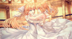 Rule 34 | 2girls, ahoge, alternate costume, artoria caster (fate), artoria pendragon (all), artoria pendragon (fate), backless dress, backless outfit, bare shoulders, blonde hair, braid, choker, commentary request, dancing, dress, earrings, fate/grand order, fate (series), green eyes, hair between eyes, highres, holding hands, indoors, jewelry, kuroaki, long hair, looking at another, multiple girls, open mouth, ponytail, saber (fate), sleeveless, teeth, tongue, very long hair, yuri