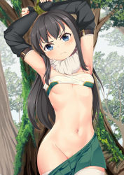 Rule 34 | 1girl, armpits, arms up, asashio (kancolle), black hair, blue eyes, blush, bound, breasts, cleavage, clothes pull, commentary request, cosplay, day, detached sleeves, fur collar, gloves, green skirt, groin, highres, kantai collection, language commentary, long hair, looking at viewer, navel, outdoors, princess connect!, pussy, pussy peek, restrained, shiori (princess connect!), shiori (princess connect!) (cosplay), skirt, skirt pull, small breasts, solo, split mouth, thighhighs, tree, underboob, underwear, yasume yukito