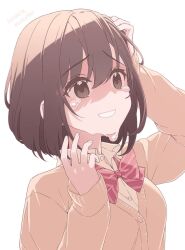 Rule 34 | 1girl, bow, bowtie, brown eyes, brown hair, cardigan, collared shirt, commentary, crying, dress shirt, hand on own head, hinata mizuiro, kamiyama high school uniform (project sekai), pink bow, pink bowtie, project sekai, school uniform, shinonome ena, shirt, short hair, simple background, solo, tears, white background, yellow cardigan