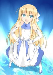 Rule 34 | &gt;:d, 1girl, :d, bad id, bad pixiv id, blonde hair, blue eyes, bow, elbow gloves, fang, from above, gloves, hair bow, hair ribbon, hands on own hips, highres, long hair, open mouth, raion (inoueraion), ribbon, rokujouma no shinryakusha!?, smile, solo, theiamillis gre fortorthe, v-shaped eyebrows, white gloves
