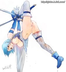 Rule 34 | 10s, 1girl, bad id, bad pixiv id, bdsm, blue eyes, blue hair, blush, bondage, boots, bottomless, bound, bound leg, bound wrists, breasts, cape, censored, chain, dripping, female pubic hair, ginko (silver fox), hanging breasts, large breasts, leg up, magical girl, mahou shoujo madoka magica, mahou shoujo madoka magica (anime), matching hair/eyes, miki sayaka, navel, nipples, no panties, no pants, pubic hair, pussy, short hair, solo, split, sword, thighhighs, torn clothes, upside-down, watermark, weapon, web address, wet, white thighhighs