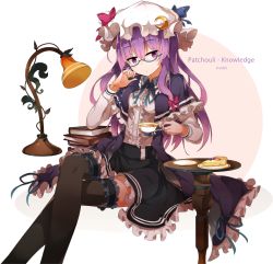 Rule 34 | 1girl, alternate costume, bespectacled, black thighhighs, book, book stack, cake, cake slice, character name, crescent, crescent hair ornament, cup, food, glasses, hair ornament, hat, hide448, highres, lamp, long hair, mob cap, patchouli knowledge, purple eyes, purple hair, simple background, sitting, solo, table, tea, teacup, thighhighs, touhou, white background