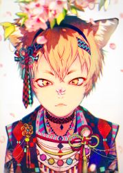 Rule 34 | 1boy, akiakane, animal ears, blonde hair, blurry, branch, cherry blossoms, choker, chromatic aberration, closed mouth, cross-eyed, depth of field, diamond (shape), eyebrows, fang, fang out, fangs, flower, fox ears, hair ornament, hairband, highres, japanese clothes, jewelry, leaf, male focus, marble, necklace, on nose, original, petals, plant, rope, shade, simple background, solo, spring (season), string, tassel, upper body, white background, yellow eyes