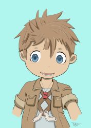 Rule 34 | 1boy, absurdres, artist name, blue background, blue eyes, blush, brown hair, child, hair between eyes, highres, jewelry, light blue background, light brown hair, made in abyss, male focus, natt (made in abyss), necklace, simple background, smile, solo, solo focus, spiked hair, teeth, tetongu, tongue, whistle