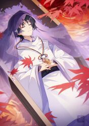Rule 34 | 1boy, autumn leaves, autumnlll, belt, black belt, black bow, black hair, blunt ends, blurry, blurry foreground, board, bow, closed eyes, closed mouth, commentary request, detached sleeves, genshin impact, hair between eyes, hands on own stomach, hands up, highres, leaf, long sleeves, lying, male focus, mandarin collar, no headwear, official alternate costume, on back, own hands together, pants, pom pom (clothes), purple hair, purple shirt, red bow, river, scaramouche (genshin impact), scaramouche (kabukimono) (genshin impact), shirt, short hair, solo, veil, vest, water, white pants, white vest, wide sleeves