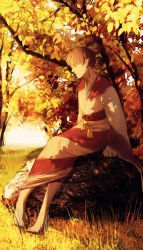 Rule 34 | 1girl, absurdres, autumn, autumn leaves, barefoot, demon, demon girl, earrings, feet, female focus, grass, highres, inuyasha, japanese clothes, jewelry, kagura (inuyasha), kimono, pointy ears, qi hui, red eyes, rock, sitting, sitting on rock, solo
