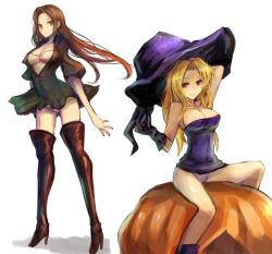 Rule 34 | 2girls, artdink, blonde hair, boots, breasts, brown eyes, brown hair, cleavage, deneb rhode, dress, facing viewer, full body, gloves, hairband, hat, high heels, jewelry, kara (color), large breasts, long hair, looking at viewer, multiple girls, necklace, ogre battle, panties, pantyshot, phoraena, pumpkin, purple eyes, sherri phoraena, shoes, simple background, sitting, smile, standing, tactics ogre, thigh boots, thighhighs, underwear, upper body, white background, witch, witch hat