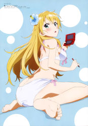 Rule 34 | 1girl, absurdres, ass, barefoot, bikini, blonde hair, blue flower, blush, breasts, copyright name, feet, flower, full body, gamers!, green eyes, hair flower, hair ornament, handheld game console, highres, holding, long hair, looking at viewer, looking back, medium breasts, megami magazine, nintendo ds, official art, open mouth, shimada kazuaki, sideboob, sitting, soles, solo, swimsuit, tendou karen, toes, very long hair, white bikini