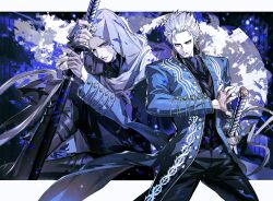 Rule 34 | 1boy, blue coat, blue eyes, closed mouth, coat, devil may cry (series), fingerless gloves, gloves, hair slicked back, highres, holding, holding sword, holding weapon, katana, looking at viewer, male focus, non-web source, solo, sword, vergil (devil may cry), weapon, white hair, yamato (sword)
