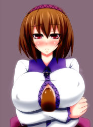 Rule 34 | 1girl, blush, breast hold, breasts, brown hair, center opening, collared shirt, disembodied penis, covered erect nipples, frown, grey background, hairband, highres, huge breasts, large breasts, long sleeves, looking at viewer, nose blush, paizuri, paizuri under clothes, parmiria, penis, perpendicular paizuri, red eyes, shirt, short hair, solo, solo focus, touhou, tsukumo yatsuhashi, upper body, white shirt