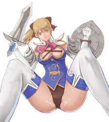 Rule 34 | 1girl, :o, armor, black bow, black thighhighs, blonde hair, boots, bow, breasts, cassandra alexandra, cleavage, cleavage cutout, clothing cutout, cross-laced clothes, elbow gloves, gloves, green eyes, hair bow, highres, holding, holding sword, holding weapon, knees up, large breasts, looking at viewer, open mouth, panties, pink neckwear, ponytail, shield, shoulder armor, sidelocks, simple background, sleeveless, soul calibur, soulcalibur, soulcalibur iv, spread legs, sword, thigh boots, thighhighs, underwear, weapon, white background, white footwear, white gloves