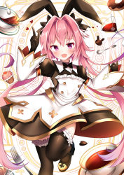 Rule 34 | 1boy, astolfo (fate), astolfo (saber) (fate), astolfo (saber) (third ascension) (fate), black bow, black bowtie, black dress, black gloves, black ribbon, black thighhighs, blush, bow, bowtie, buttons, cocktail glass, cup, cupcake, dress, drinking glass, fang, fate/grand order, fate (series), food, fork, gloves, hair between eyes, hair bow, hair intakes, hair ribbon, heart, index finger raised, juliet sleeves, layered skirt, lokyin house, long hair, long sleeves, looking at viewer, low twintails, male focus, multicolored hair, open mouth, pink hair, puffy sleeves, purple eyes, ribbon, saucer, skirt, smile, solo, spoon, streaked hair, tea, teacup, thighhighs, thighs, trap, twintails, white hair, white skirt, wide sleeves, wing collar