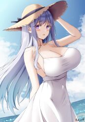 Rule 34 | 1girl, :d, arm behind back, bare arms, bare shoulders, blue sky, blush, breasts, cleavage, cloud, collarbone, commentary request, commission, cowboy shot, day, dress, hat, highres, keenh, large breasts, long hair, looking at viewer, open mouth, original, purple eyes, purple hair, sky, sleeveless, sleeveless dress, smile, solo, standing, sun hat, very long hair, water, white dress