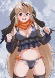 Rule 34 | 1girl, :d, black thighhighs, blonde hair, breasts, brown eyes, clenched teeth, commentary, cowboy shot, dodo (kemono friends), highres, kemono friends, large breasts, long hair, looking at viewer, navel, open mouth, smile, solo, stomach, tanabe (fueisei), teeth, thighhighs, very long hair