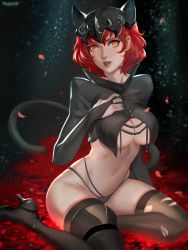 Rule 34 | 1girl, absurdres, animal ears, artist name, black thighhighs, breasts, cat ears, full body, hand on own chest, high heels, highres, huge filesize, large breasts, long hair, looking at viewer, navel, orange eyes, original, petals, ragecndy, red hair, short hair, sitting, solo, tail, thighhighs, torn clothes, torn thighhighs, underboob, very long hair