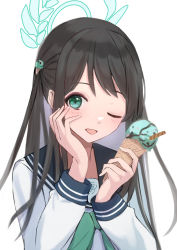 Rule 34 | 1girl, airi (blue archive), blue archive, blue sailor collar, brown hair, food, food-themed hair ornament, frilled skirt, frills, green eyes, green ribbon, hair ornament, highres, holding, holding food, ice cream, it ai, looking at viewer, mint chocolate, mint chocolate chip, one eye closed, open mouth, ribbon, sailor collar, school uniform, shirt, simple background, skirt, solo, upper body, white background, white shirt, white skirt