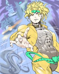 Rule 34 | 1boy, abs, belt, blonde hair, choker, city, dio brando, earrings, fog, foreshortening, heart, jacket, jewelry, jojo no kimyou na bouken, long hair, looking to the side, male focus, muscular, night, open clothes, open jacket, outstretched hand, pants, red eyes, solo, spiked hair, sukueni, wavy hair, yellow pants