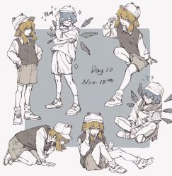 Rule 34 | 2girls, ?, ??, bespectacled, blonde hair, blue hair, chinese commentary, cirno, closed eyes, closed mouth, collared shirt, commentary request, dated, english text, glasses, hands on own hips, hat, ice, ice wings, long sleeves, malvo, moriya suwako, multiple girls, multiple views, open mouth, partially colored, pointy ears, round eyewear, shirt, shoes, short hair, shorts, sitting, sneakers, socks, standing, touhou, vest, wings