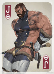 Rule 34 | 1boy, adjusting clothes, areola slip, around crotch, ass, bara, beard, biceps, bulge, card, cleavage cutout, clothing cutout, covered abs, dagger, dark-skinned male, dark skin, eyebrow piercing, facial hair, feet out of frame, from side, gloves, groin, highres, joker (playing card), knife, large pectorals, leather belt, legs together, looking ahead, male focus, mature male, muscular, muscular male, original, pectorals, piercing, playing card, revealing clothes, sheath, sheathed, short hair, shoulder tattoo, sidepec, solo, tattoo, thick arms, thick eyebrows, thick thighs, thighs, tooboshoo, underbust, undercut, weapon