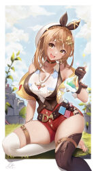 Rule 34 | 1girl, asymmetrical legwear, atelier (series), atelier ryza, atelier ryza 1, bare shoulders, blush, braid, breasts, brown eyes, brown gloves, brown hair, brown thighhighs, choker, cleavage, commentary request, flask, gloves, hair ornament, hairband, hat, highres, holding, holding flask, large breasts, liu liaoliao, looking at viewer, medium hair, mismatched legwear, off shoulder, open mouth, outdoors, reisalin stout, smile, solo, thigh strap, thighhighs, thighs, white headwear, white thighhighs