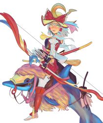 Rule 34 | 1girl, alternate costume, alternate hair color, armor, arrow (projectile), barefoot, blonde hair, blush, bow, bow (weapon), commentary request, cookie (touhou), detached pants, detached sleeves, dolphin, dress, frilled hair tubes, frills, full body, grey hair, hair tubes, hakurei reimu, hat, hat bow, highres, holding, holding bow (weapon), holding weapon, japanese armor, kairu the dolphin, kote, looking at viewer, looking to the side, medium bangs, microsoft office, muneate, open mouth, pants, quiver, red armor, red bow, red dress, reins, riding, saddle, sananana (cookie), shin guards, short hair, simple background, sleeveless, sleeveless dress, smile, solo, tihami, touhou, weapon, white background, white pants, white sleeves, yellow eyes, yellow hat