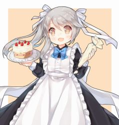 Rule 34 | 1girl, :d, alternate costume, apron, black dress, blue bow, blue bowtie, blush, bow, bowtie, brown eyes, cake, collared dress, commentary request, cowboy shot, doily, dress, enmaided, fang, food, food on face, frilled apron, frills, grey hair, hair ribbon, holding, holding plate, long hair, long sleeves, looking at viewer, maid, ning hai (warship girls r), open mouth, pastry bag, plate, ribbon, side ponytail, sleeve cuffs, smile, solo, standing, strawberry shortcake, tengxiang lingnai, warship girls r, whipped cream, white apron, white ribbon