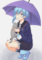 Rule 34 | 1girl, animal, asymmetrical hair, black shorts, black socks, blue eyes, blue footwear, blue hair, blue neckwear, blush, boots, cat, commentary request, crescent, crescent pin, fang, frilled shorts, frills, from side, grey background, highres, holding, holding animal, holding cat, kantai collection, long sleeves, looking at viewer, looking to the side, minazuki (kancolle), open mouth, purple umbrella, ripples, rubber boots, school uniform, serafuku, short hair with long locks, shorts, socks, solo, squatting, taira yuuki, umbrella