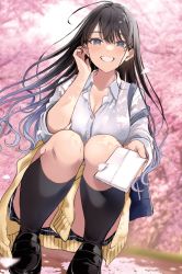 Rule 34 | 1girl, adjusting hair, bag, black footwear, black hair, black skirt, black socks, blue eyes, blue hair, breasts, cherry blossoms, cherry tree, cleavage, clothes around waist, collarbone, collared shirt, commentary request, falling petals, giving, gradient hair, grin, hamu (plot sy), handkerchief, highres, holding, holding handkerchief, jacket, jacket around waist, kneehighs, large breasts, loafers, looking at viewer, mole, mole under eye, multicolored hair, novel illustration, official art, original, outdoors, parted lips, petals, sasagawa ayano, school bag, school uniform, shirt, shoes, skirt, smile, socks, solo, squatting, tokiwa yosyo, white shirt, wind, yellow jacket, youkya na kanojo ha kyorikan ga bugtteiru