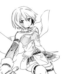 Rule 34 | 1girl, bare shoulders, belt, belt buckle, blush stickers, buckle, buttons, closed mouth, clothing cutout, collared cape, commentary request, cowboy shot, detached sleeves, diamond button, floating cape, frilled shirt, frills, gloves, greyscale, holding, holding sword, holding weapon, light frown, long sleeves, looking at viewer, magical girl, mahou shoujo madoka magica, mahou shoujo madoka magica (anime), miki sayaka, miki sayaka (magical girl), miniskirt, monochrome, multiple belts, no+bi=, pleated skirt, shirt, short hair, simple background, sketch, skirt, solo, stomach cutout, stomach jewel, strapless, strapless shirt, sword, thigh belt, thigh strap, thighhighs, v-shaped eyebrows, weapon, white background