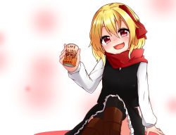 Rule 34 | 1girl, :d, black dress, black hair, black thighhighs, blonde hair, blush, boots, can, canned coffee, coffee, dress, drink can, fang, french text, frilled dress, frills, hair ribbon, hakurei reimu, highres, kameyan, long sleeves, looking at viewer, open mouth, red eyes, ribbon, rumia, scarf, short hair, sitting, smile, solo, thighhighs, touhou, translated, yukkuri shiteitte ne