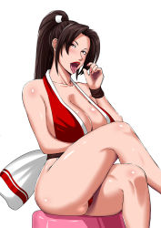 Rule 34 | 1girl, breasts, cleavage, fatal fury, female focus, large breasts, crossed legs, ml, naughty face, ninja, open mouth, ponytail, sexually suggestive, shiranui mai, simple background, snk, solo, white background