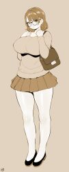 Rule 34 | 1girl, absurdres, bag, born-to-die, breasts, full body, glasses, handbag, highres, large breasts, looking at viewer, miniskirt, monochrome, original, pleated skirt, skirt, solo