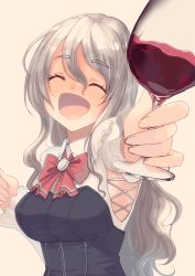 Rule 34 | 10s, 1girl, ^ ^, alcohol, black corset, blouse, bow, bowtie, closed eyes, corset, cup, drinking glass, drunk, grey hair, highres, holding, kantai collection, long hair, long sleeves, masukuza j, no headwear, open mouth, pola (kancolle), red bow, red bowtie, shirt, simple background, smile, solo, wavy hair, white shirt, wine, wine glass, yellow background