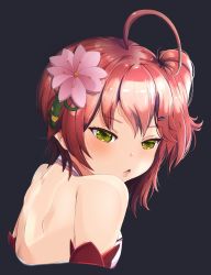Rule 34 | 1girl, ahoge, armband, bad id, bad pixiv id, bare back, bare shoulders, breasts, cherry blossoms, chestnut mouth, flower, green eyes, grey background, hair ornament, hairclip, highres, hololive, kwonnie, medium hair, nontraditional miko, open mouth, pink hair, sakura miko, sakura miko (old design), shoulder blades, side ponytail, solo, tagme, upper body, virtual youtuber