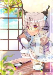 Rule 34 | 1girl, animal ear fluff, black hair, book, brown capelet, brown eyes, brown hair, capelet, closed mouth, commentary request, commission, cup, eurasian lynx (kemono friends), fur-trimmed capelet, fur trim, holding, holding book, indoors, kemono friends, kou hiyoyo, lynx ears, magnifying glass, mittens, multicolored hair, saucer, shirt, skeb commission, smile, solo, streaked hair, table, upper body, white mittens, white shirt, window