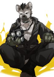 Rule 34 | 1boy, absurdres, arknights, bare pectorals, black jumpsuit, commentary, ear piercing, english commentary, eyebrow piercing, furry, furry male, gas mask, gloves, green gloves, highres, holding, holding mask, hyena boy, hyena ears, indian style, infection monitor (arknights), jumpsuit, kitai su, looking at another, male focus, mask, partially unzipped, pectorals, piercing, sitting, spot (arknights), sweat