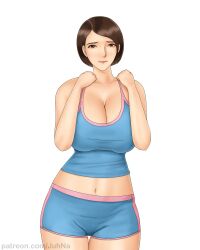 Rule 34 | 1girl, absurdres, adult, artist name, bare shoulders, breasts, brown eyes, brown hair, cleavage, collarbone, female focus, highres, huge breasts, juhna, legs, looking at viewer, mature female, midriff, mom, navel, original, panties visible through clothes, short hair, shorts, simple background, solo, sportswear, standing, thigh gap, thighs, watermark, web address, white background, wife, workout clothes, worried