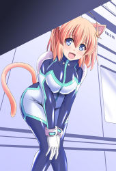 Rule 34 | 1girl, ahoge, animal ears, blonde hair, blue eyes, bodysuit, breasts, cat ears, cat tail, hands on own knees, large breasts, leaning forward, looking at viewer, open mouth, original, pudding (tonpuu), skin tight, solo, tail, tonpuu