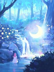 Rule 34 | 1girl, absurdres, artist name, bush, commentary request, crescent, dress, facing away, forest, from behind, glowing, hand up, highres, long hair, nature, original, outdoors, pink hair, rock, short sleeves, signature, solo, standing, star (symbol), tree, wading, water, waterfall, white dress, wide shot, yuzuki kino