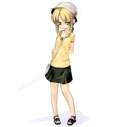 Rule 34 | 00s, ahoge, alternate costume, artoria pendragon (all), artoria pendragon (fate), bag, blonde hair, blush, casual, child, fate/stay night, fate (series), green eyes, hat, looking down, lowres, negy, saber (fate), sandals, shirt, short hair, shoulder bag, simple background, skirt, solo, white background