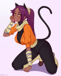 Rule 34 | 1girl, absurdres, animal ears, arm support, artist name, black bodysuit, black hair, black pants, bleach, bodysuit, boots, breasts, brown footwear, cat ears, cat girl, cat tail, dark-skinned female, dark skin, fang, female focus, full body, highres, knee boots, kneeling, large breasts, licking, licking hand, long hair, looking at viewer, open mouth, pants, parted bangs, paw pose, pink background, ponytail, purple hair, scarf, shellvi, shihouin yoruichi, shihouin yoruichi (cat), short sleeves, simple background, solo, tail, tongue, tongue out, yellow eyes
